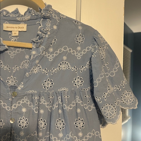 Pale Blue Eyelet Ruffled Button-Front Blouse - Picture 2 of 2